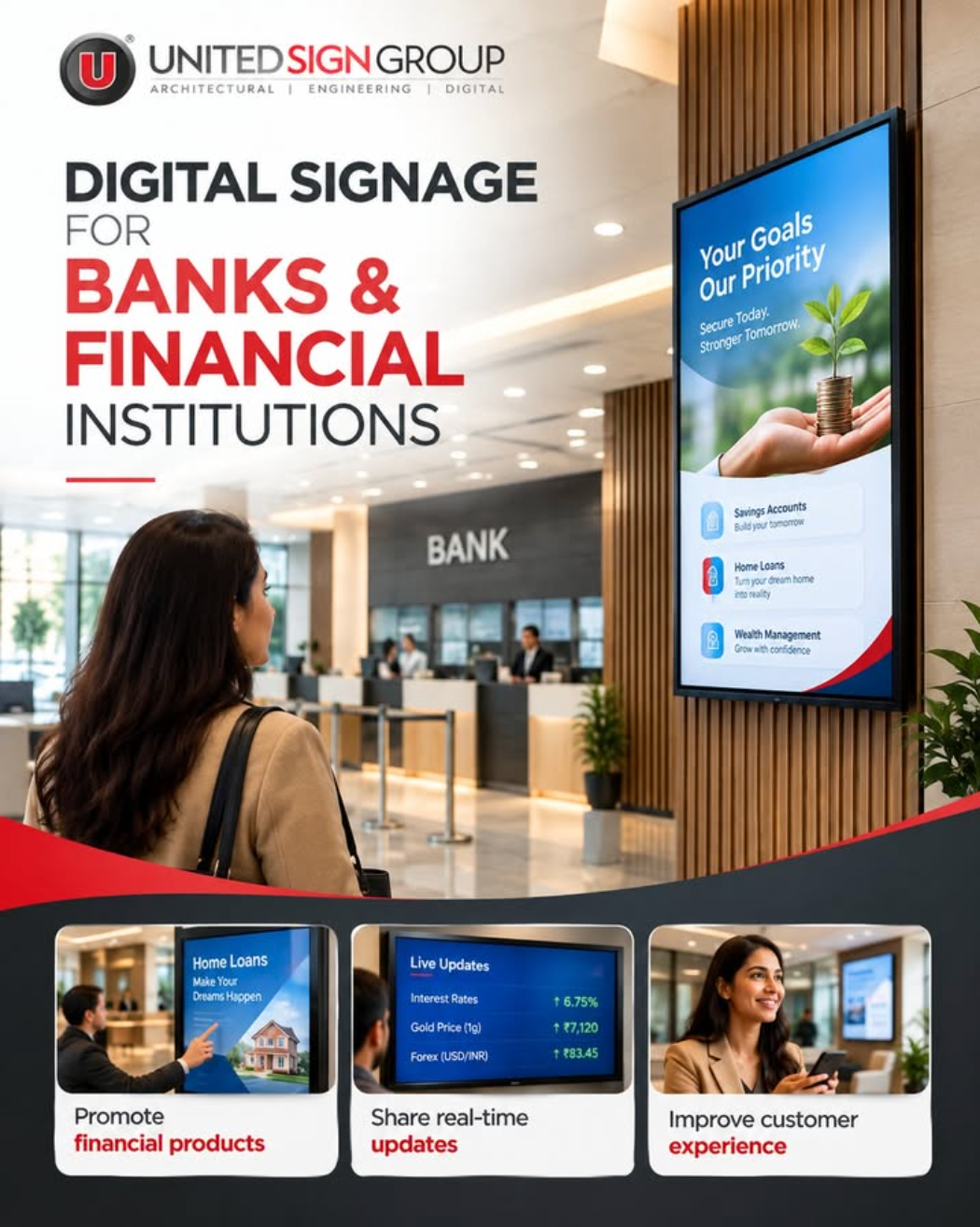 Digital signage and branch interactive kiosks for banks and financial institutions